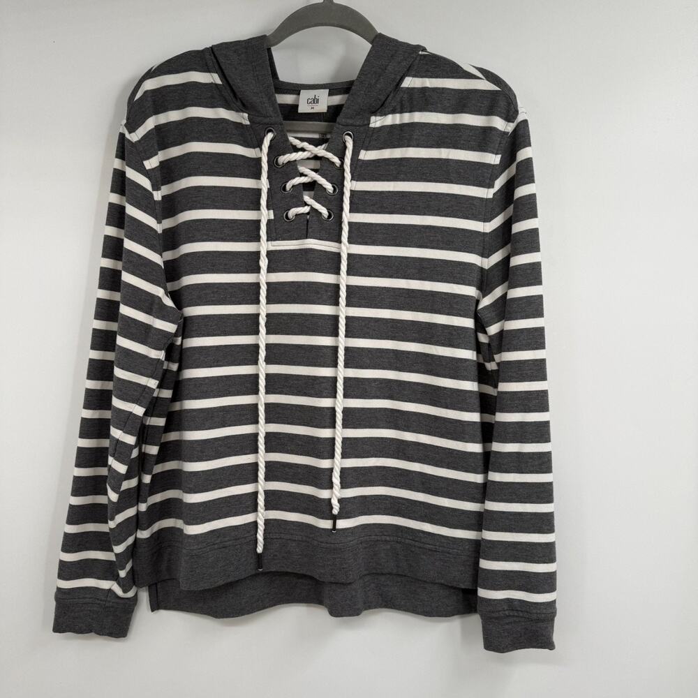 Cabi 5324 Windward Hoodie Women M Gray White Striped Lace Up Pullover Sweatshirt
